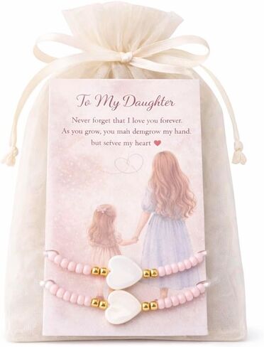 Mother and Daughter Matching Bracelets Set – Pink Matte Glass Beads with Heart Charm – Best Friend Jewelry Gift with Card and Organza Bag – Mommy and Me Gift in Kuwait