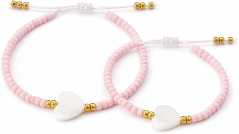 Mother and Daughter Matching Bracelets Set – Pink Matte Glass Beads with Heart Charm – Best Friend Jewelry Gift with Card and Organza Bag – Mommy and Me Gift in Kuwait