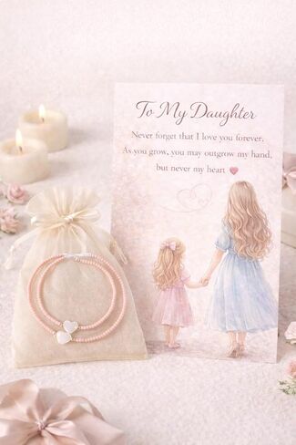 Mother and Daughter Matching Bracelets Set – Pink Matte Glass Beads with Heart Charm – Best Friend Jewelry Gift with Card and Organza Bag – Mommy and Me Gift in Kuwait