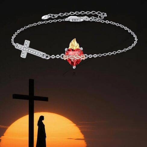 Sacred Heart Bracelet Sterling Silver Sacred Heart Cross Bracelet Religious Amulet Jewelry Gifts for Women in Kuwait