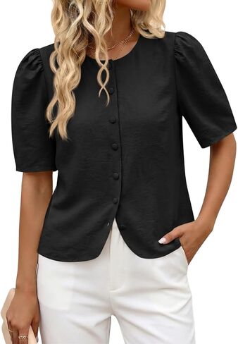 Cicy Bell Womens Short Puff Sleeve Button Down Shirts Dressy Casual Blouses Summer Round Neck Cotton Tops in Kuwait