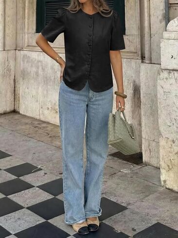 Cicy Bell Womens Short Puff Sleeve Button Down Shirts Dressy Casual Blouses Summer Round Neck Cotton Tops in Kuwait