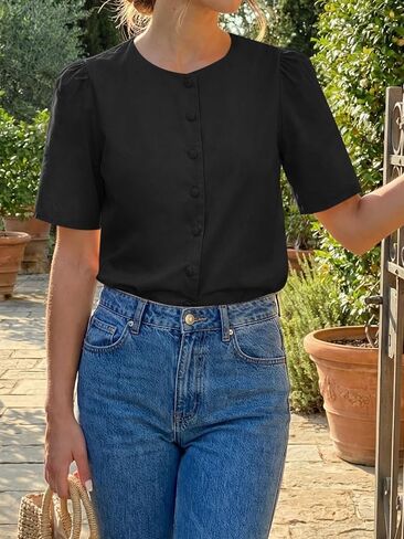Cicy Bell Womens Short Puff Sleeve Button Down Shirts Dressy Casual Blouses Summer Round Neck Cotton Tops in Kuwait