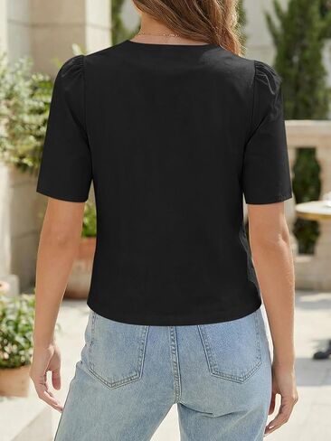 Cicy Bell Womens Short Puff Sleeve Button Down Shirts Dressy Casual Blouses Summer Round Neck Cotton Tops in Kuwait