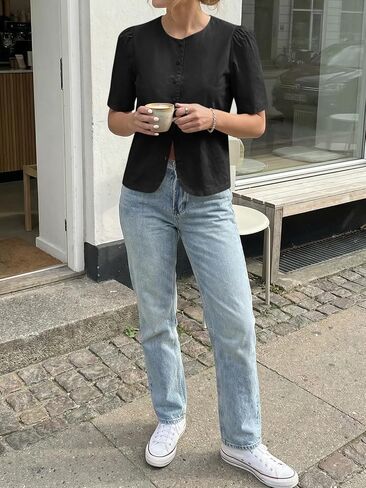 Cicy Bell Womens Short Puff Sleeve Button Down Shirts Dressy Casual Blouses Summer Round Neck Cotton Tops in Kuwait