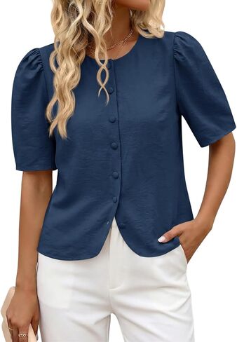 Cicy Bell Womens Short Puff Sleeve Button Down Shirts Dressy Casual Blouses Summer Round Neck Cotton Tops in Kuwait