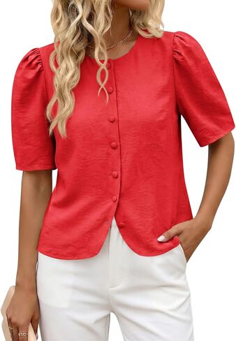 Cicy Bell Womens Short Puff Sleeve Button Down Shirts Dressy Casual Blouses Summer Round Neck Cotton Tops in Kuwait