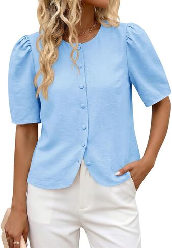Cicy Bell Womens Short Puff Sleeve Button Down Shirts Dressy Casual Blouses Summer Round Neck Cotton Tops in Kuwait
