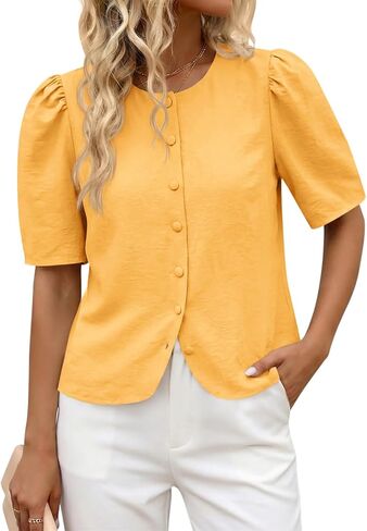 Cicy Bell Womens Short Puff Sleeve Button Down Shirts Dressy Casual Blouses Summer Round Neck Cotton Tops in Kuwait