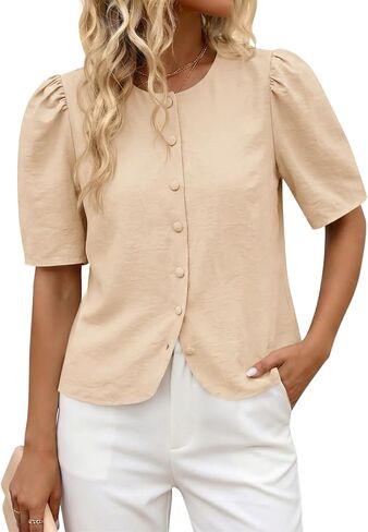 Cicy Bell Womens Short Puff Sleeve Button Down Shirts Dressy Casual Blouses Summer Round Neck Cotton Tops in Kuwait