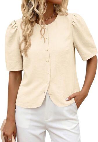Cicy Bell Womens Short Puff Sleeve Button Down Shirts Dressy Casual Blouses Summer Round Neck Cotton Tops in Kuwait