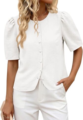 Cicy Bell Womens Short Puff Sleeve Button Down Shirts Dressy Casual Blouses Summer Round Neck Cotton Tops in Kuwait