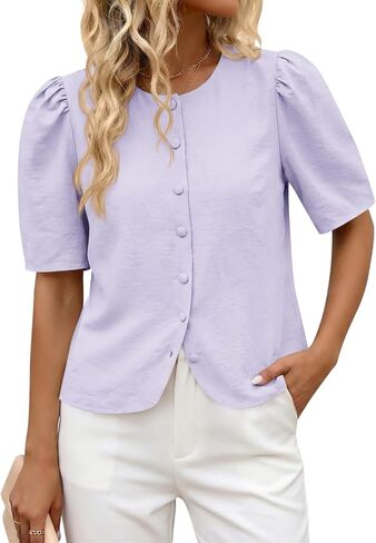 Cicy Bell Womens Short Puff Sleeve Button Down Shirts Dressy Casual Blouses Summer Round Neck Cotton Tops in Kuwait