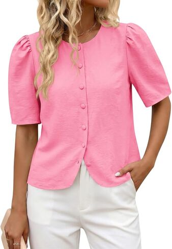 Cicy Bell Womens Short Puff Sleeve Button Down Shirts Dressy Casual Blouses Summer Round Neck Cotton Tops in Kuwait