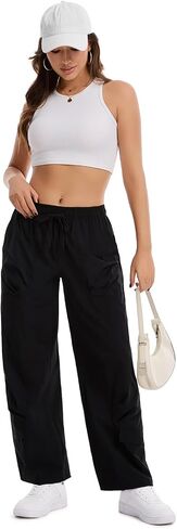 Womens Barrel Travel Pants,Lightweight Barrel Leg Baggy Pants Elastic Drawstring Waist with Pockets for Casual Hiking in Kuwait