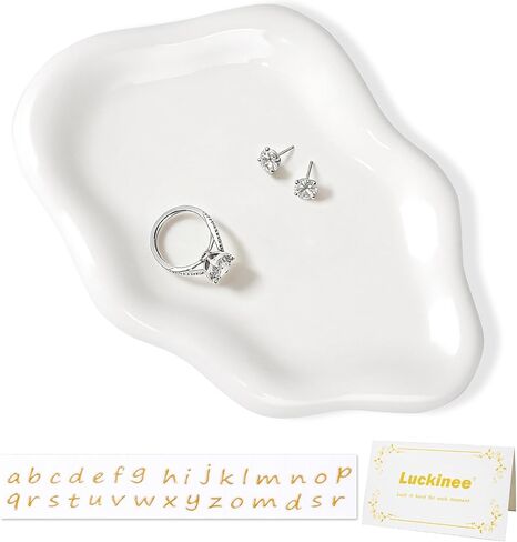 LUCKINEE - Ceramic Jewelry Tray Personalized Ring Dish Trinket Dish Gifts for Women,Birthday Gifts for Mom Dad,Sisters and Friends,with 1pc Gold Puffy Letter Sticker A-Z and 1pc Greeting Card in Saudi Arabia