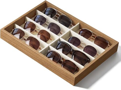 Stratalife 8 Grids Drawer Sunglasses Organizer Tray, Beige Velvet | Stackable Eyeware Storage Case with Removable Dividers, Wood Jewelry Display Case for Necklace Bracelet, 13.78x9.5x1.2 Inch in Saudi Arabia