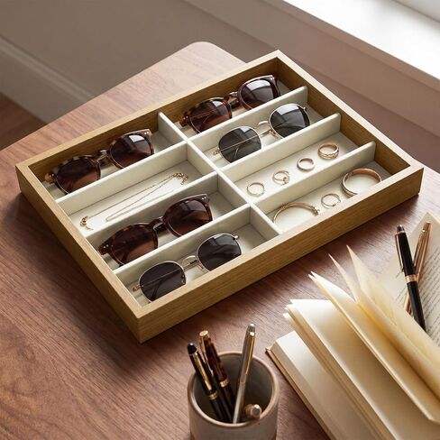 Stratalife 8 Grids Drawer Sunglasses Organizer Tray, Beige Velvet | Stackable Eyeware Storage Case with Removable Dividers, Wood Jewelry Display Case for Necklace Bracelet, 13.78x9.5x1.2 Inch in Saudi Arabia