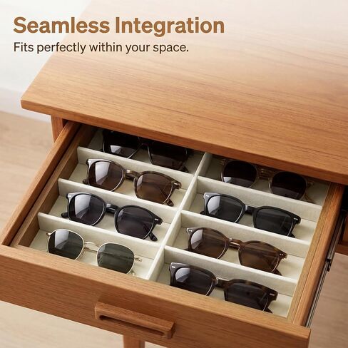 Stratalife 8 Grids Drawer Sunglasses Organizer Tray, Beige Velvet | Stackable Eyeware Storage Case with Removable Dividers, Wood Jewelry Display Case for Necklace Bracelet, 13.78x9.5x1.2 Inch in Saudi Arabia