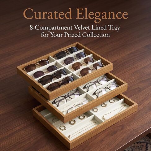 Stratalife 8 Grids Drawer Sunglasses Organizer Tray, Beige Velvet | Stackable Eyeware Storage Case with Removable Dividers, Wood Jewelry Display Case for Necklace Bracelet, 13.78x9.5x1.2 Inch in Saudi Arabia
