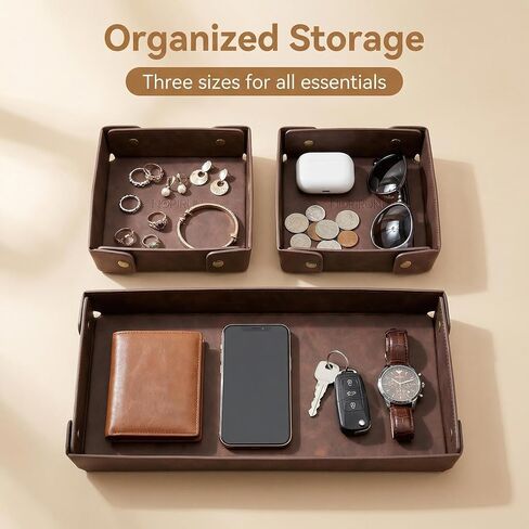 3Pack Mens Valet Tray, Foldable PU Leather Catch All Organizer for Desk, Entryway, Holds Keys, Wallet, Watch, Jewelry, Phone (Brown) in Saudi Arabia