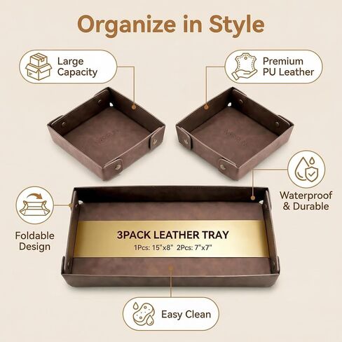 3Pack Mens Valet Tray, Foldable PU Leather Catch All Organizer for Desk, Entryway, Holds Keys, Wallet, Watch, Jewelry, Phone (Brown) in Saudi Arabia