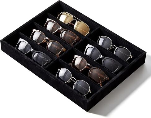 Stratalife 8 Grids Drawer Sunglasses Organizer Tray, Beige Velvet | Stackable Eyeware Storage Case with Removable Dividers, Wood Jewelry Display Case for Necklace Bracelet, 13.78x9.5x1.2 Inch in Saudi Arabia