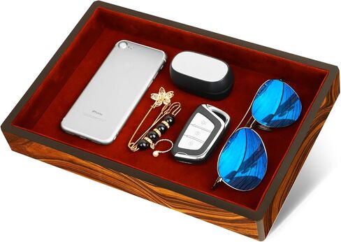 Wooden Valet Tray with Velvet Lining, EDC Desktop Catchall Organizer, Storage Tray for Jewelry, Wallets, Watches, Keys, Glasses, Perfect for Nightstand, Dresser, Entryway Bedside in Saudi Arabia
