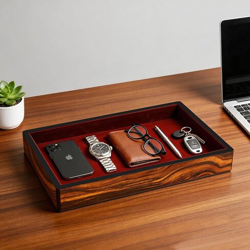 Wooden Valet Tray with Velvet Lining, EDC Desktop Catchall Organizer, Storage Tray for Jewelry, Wallets, Watches, Keys, Glasses, Perfect for Nightstand, Dresser, Entryway Bedside in Saudi Arabia