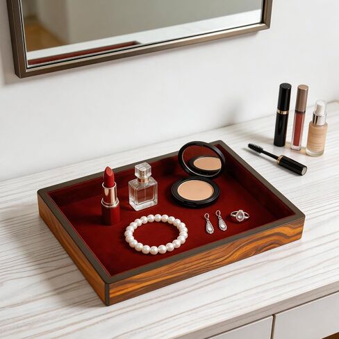 Wooden Valet Tray with Velvet Lining, EDC Desktop Catchall Organizer, Storage Tray for Jewelry, Wallets, Watches, Keys, Glasses, Perfect for Nightstand, Dresser, Entryway Bedside in Saudi Arabia