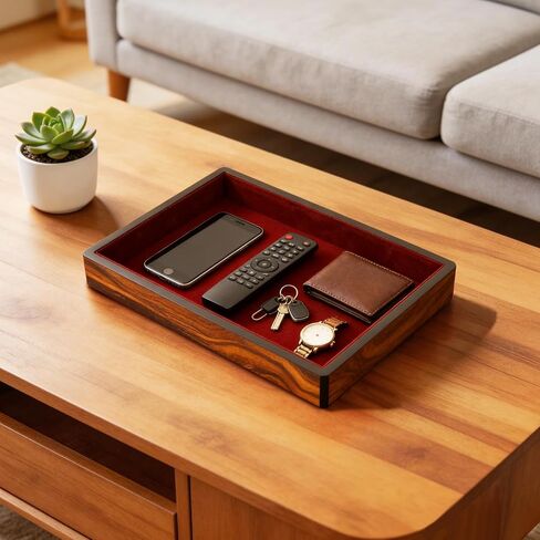 Wooden Valet Tray with Velvet Lining, EDC Desktop Catchall Organizer, Storage Tray for Jewelry, Wallets, Watches, Keys, Glasses, Perfect for Nightstand, Dresser, Entryway Bedside in Saudi Arabia