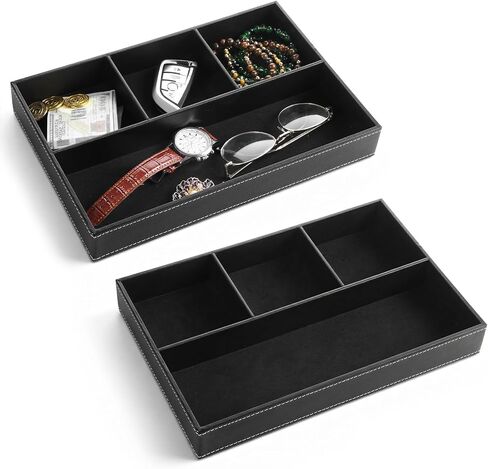 2-Piece Faux Leather Valet Tray Set, Drawer Storage Organizer Divider for Desk, Nightstand, Jewelry, Keys, Wallet, Sunglasses, Phone, Watch - Black in Kuwait