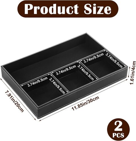 2-Piece Faux Leather Valet Tray Set, Drawer Storage Organizer Divider for Desk, Nightstand, Jewelry, Keys, Wallet, Sunglasses, Phone, Watch - Black in Kuwait