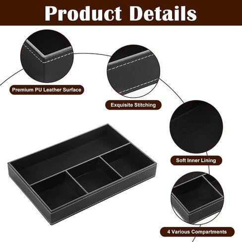 2-Piece Faux Leather Valet Tray Set, Drawer Storage Organizer Divider for Desk, Nightstand, Jewelry, Keys, Wallet, Sunglasses, Phone, Watch - Black in Kuwait