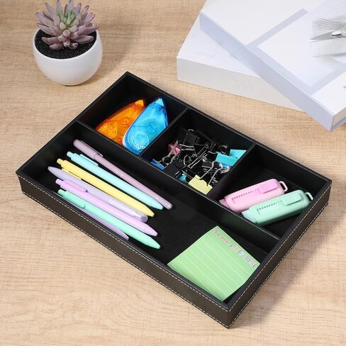 2-Piece Faux Leather Valet Tray Set, Drawer Storage Organizer Divider for Desk, Nightstand, Jewelry, Keys, Wallet, Sunglasses, Phone, Watch - Black in Kuwait