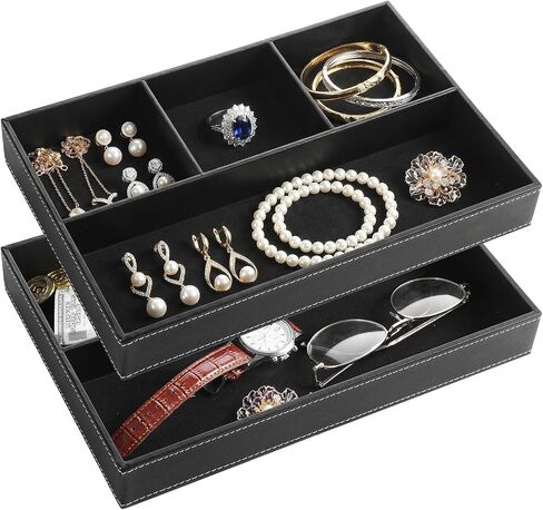 2-Piece Faux Leather Valet Tray Set, Drawer Storage Organizer Divider for Desk, Nightstand, Jewelry, Keys, Wallet, Sunglasses, Phone, Watch - Black in Kuwait
