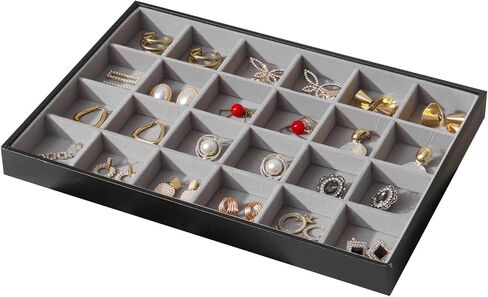 Large Jewelry Organizer Tray, Stackable Jewelry Storage Holder PU Leather Velvet Jewellery Display Case for Stud Earring Bracelet Necklace Ring (Black Gray, 16 Grids) in Saudi Arabia