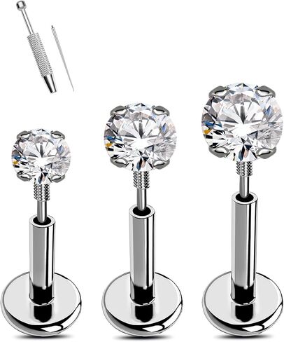 OUFER 16G 18G 20G أقراط مسطحة الظهر Stud-3PCS تمديد خيط داخلي شفاف CZ 316L فولاذ جراحي 6/7/8 مم حلزون الأنف الغضروف الزنمة محارة Labret ميدوسا ثقب المجوهرات in Kuwait