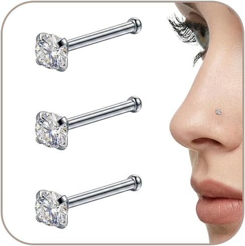 AceFun 20G Titanium Nose Stud 1 L Shape Straight Screw Nose Studs Rings G23 Steel diamond Nose Piercings Stud Silver Jewelry for Women Men 1.5mm 2mm 2.5mm 3mm Cubic Zirconia in Saudi Arabia