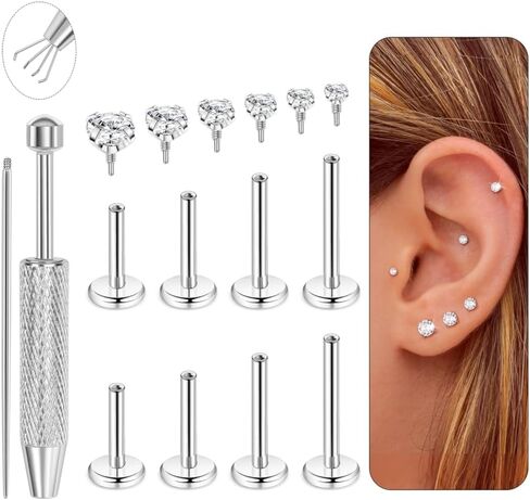 16G 18G Flat Back Stud Earrings for Women Men Surgical Steel Cartilage Tragus Helix Lip Labret Internal Thread CZ Stud Piercing Hypoallergenic Nose Stud with Grabber Tool 6-10mm in Saudi Arabia