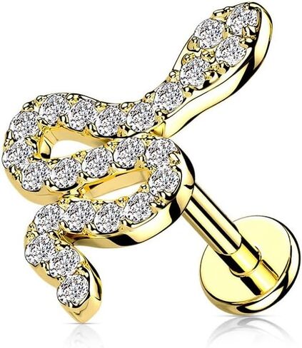Pierced Owl 16GA 316L Stainless Steel CZ Crystal Paved Snake Internally Threaded Flat Back Stud (Gold Tone) in Kuwait