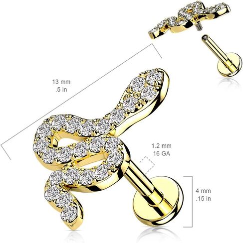 Pierced Owl 16GA 316L Stainless Steel CZ Crystal Paved Snake Internally Threaded Flat Back Stud (Gold Tone) in Kuwait