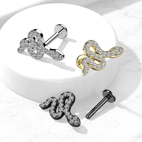 Pierced Owl 16GA 316L Stainless Steel CZ Crystal Paved Snake Internally Threaded Flat Back Stud (Gold Tone) in Kuwait