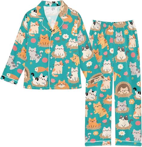 Cute Long Sleeve Pajamas Set Soft Silk Satin Sleepwear 2 Piece Button-Down Top Elastic Pants Set in Saudi Arabia