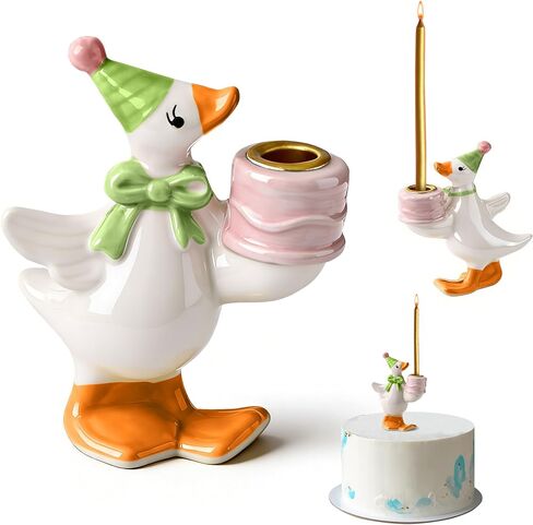 Silly Goose Cake Candle Holder, Mini 3.1" Tall, Hand Painted Ceramic Goose Cake Topper, Cute Goose Decor for Baby Shower, Kids Birthday & Party Supplies (Pink) in Saudi Arabia