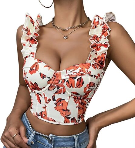 Women's Floral Print Bustier Corset Tops Back Lace-up Vintage Going Out Top Crop Party Top in Saudi Arabia
