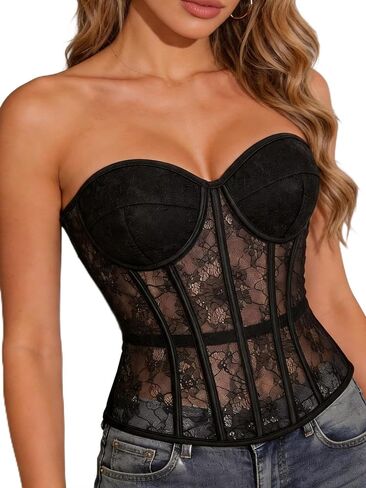 Strapless Lace Corset Top for Women, Sweetheart Neck, Lace-Up Boned Slim Waist, Party Club Wear in Kuwait