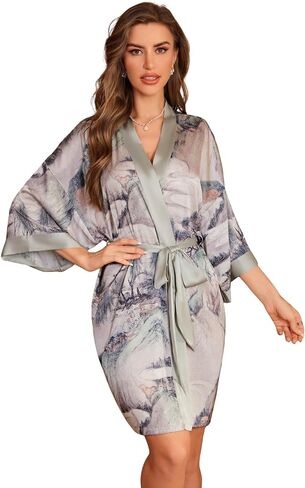 Women’s Satin Robe Short Lightweight Kimono Silk Soft Summer Bathrobe Floral Luxury House Robes in Saudi Arabia