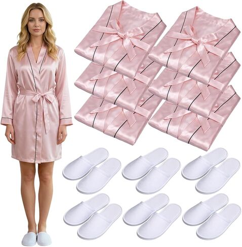 Bonuci 6 Set Women Robe and Slippers Bridesmaid Robes Spa Bathrobe Bulk Soft Kimono Robes for Wedding Party Bridal Shower in Kuwait