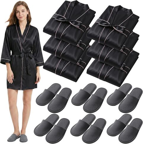 Bonuci 6 Set Women Robe and Slippers Bridesmaid Robes Spa Bathrobe Bulk Soft Kimono Robes for Wedding Party Bridal Shower in Kuwait